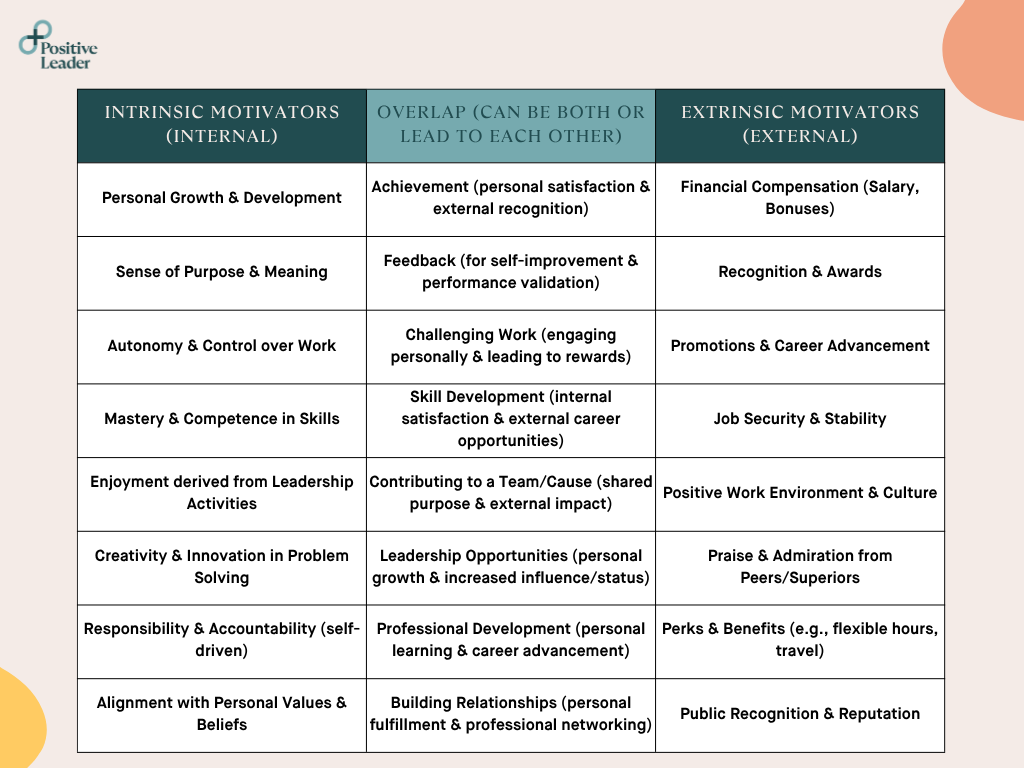 Table illustrating Intrinsic Motivators (Internal) and Extrinsic Motivators (External) and where they can overlap. 